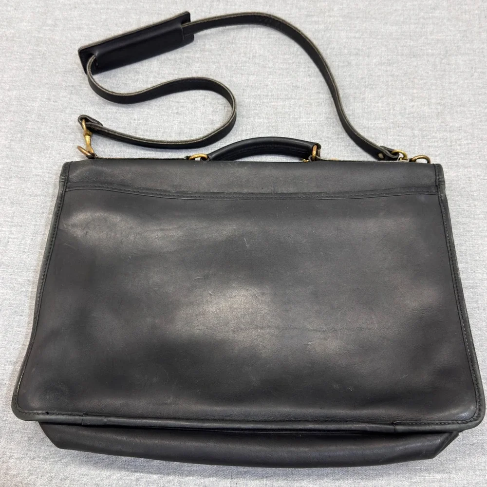 Jack Georges Black Leather Briefcase Messenger Bag Made in USA Brass Turn-lock